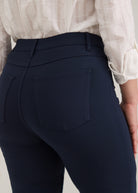 Close-up of navy pants showing back patch pockets and texture by French Dressing Jeans (FDJ)