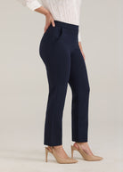 Side profile of navy pants highlighting straight ankle silhouette and front pockets by French Dressing Jeans (FDJ)