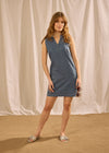 Front view of sleeveless denim dress with V-neck, casual fit on sand background by French Dressing Jeans (FDJ)