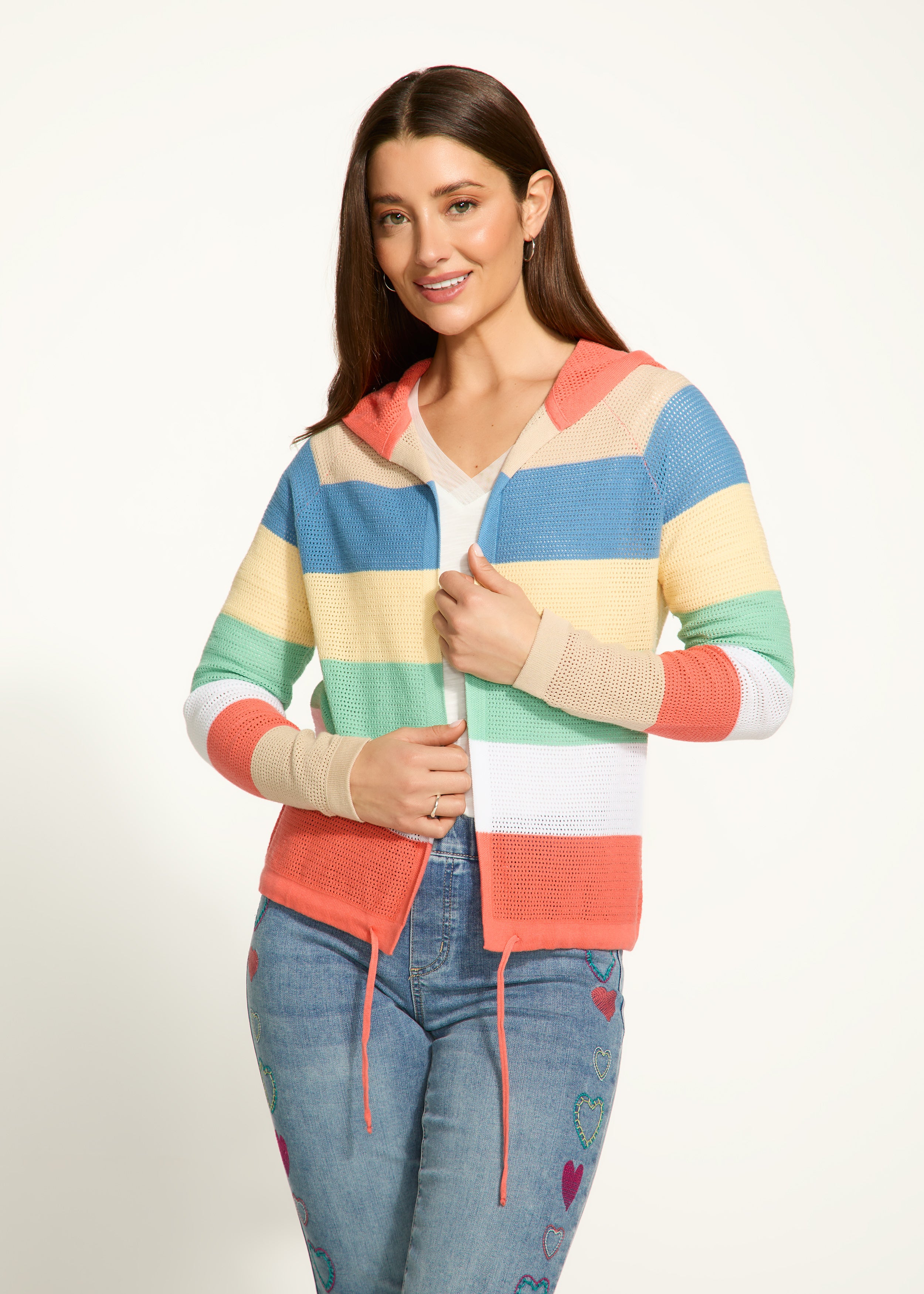 striped pointelle hooded cardigan