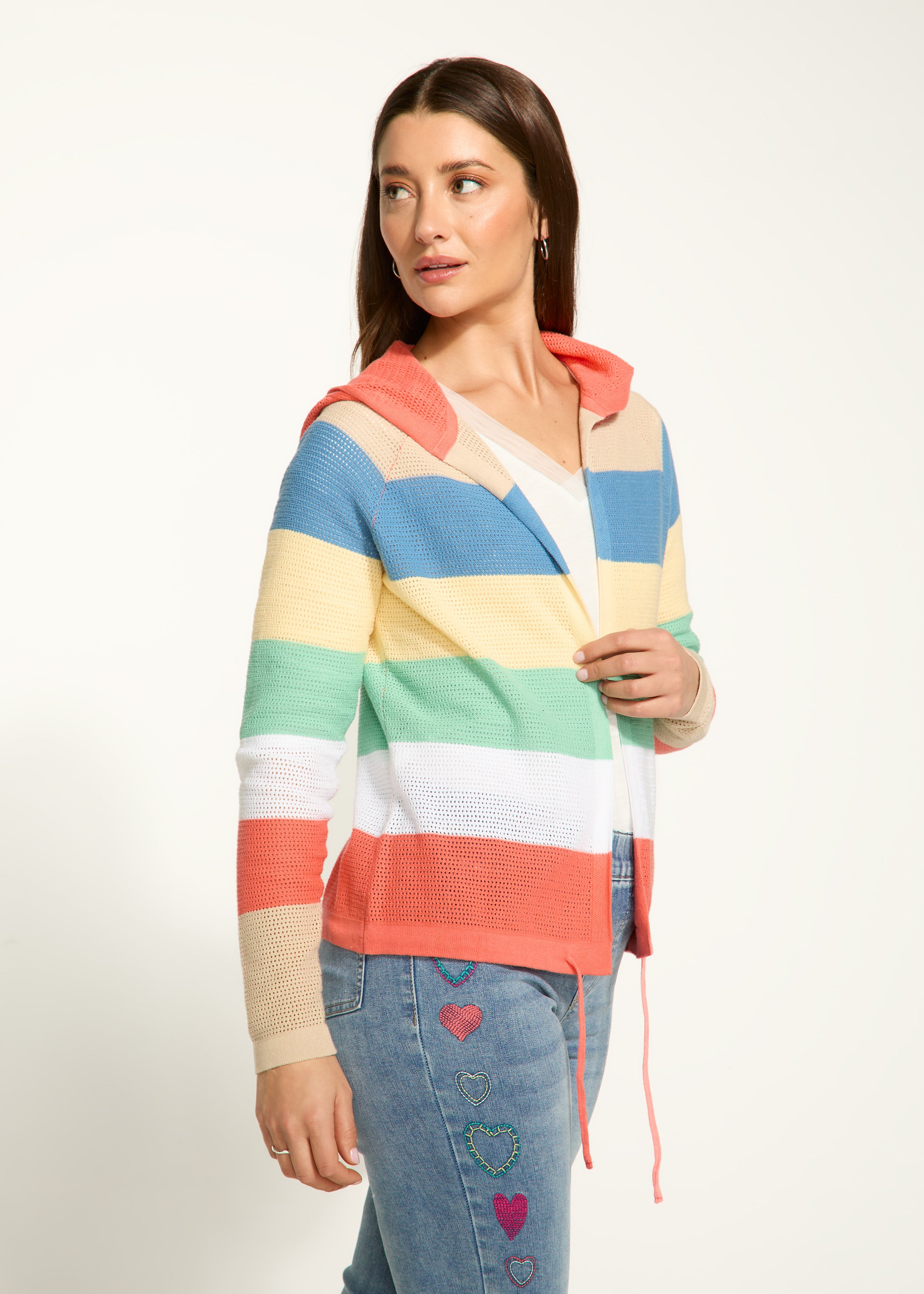 striped pointelle hooded cardigan