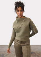 Front view of olive sweater with button accents and ribbed texture by French Dressing Jeans (FDJ)