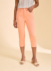 Close-up front view of peach cropped jeans, highlighting high-rise waist by French Dressing Jeans (FDJ)