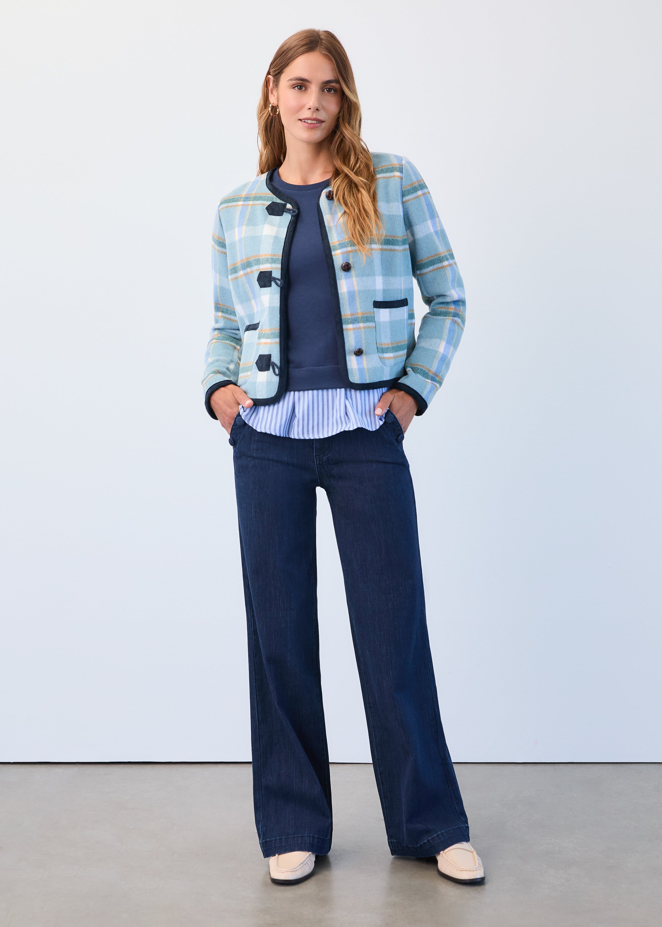 plaid collarless jacket