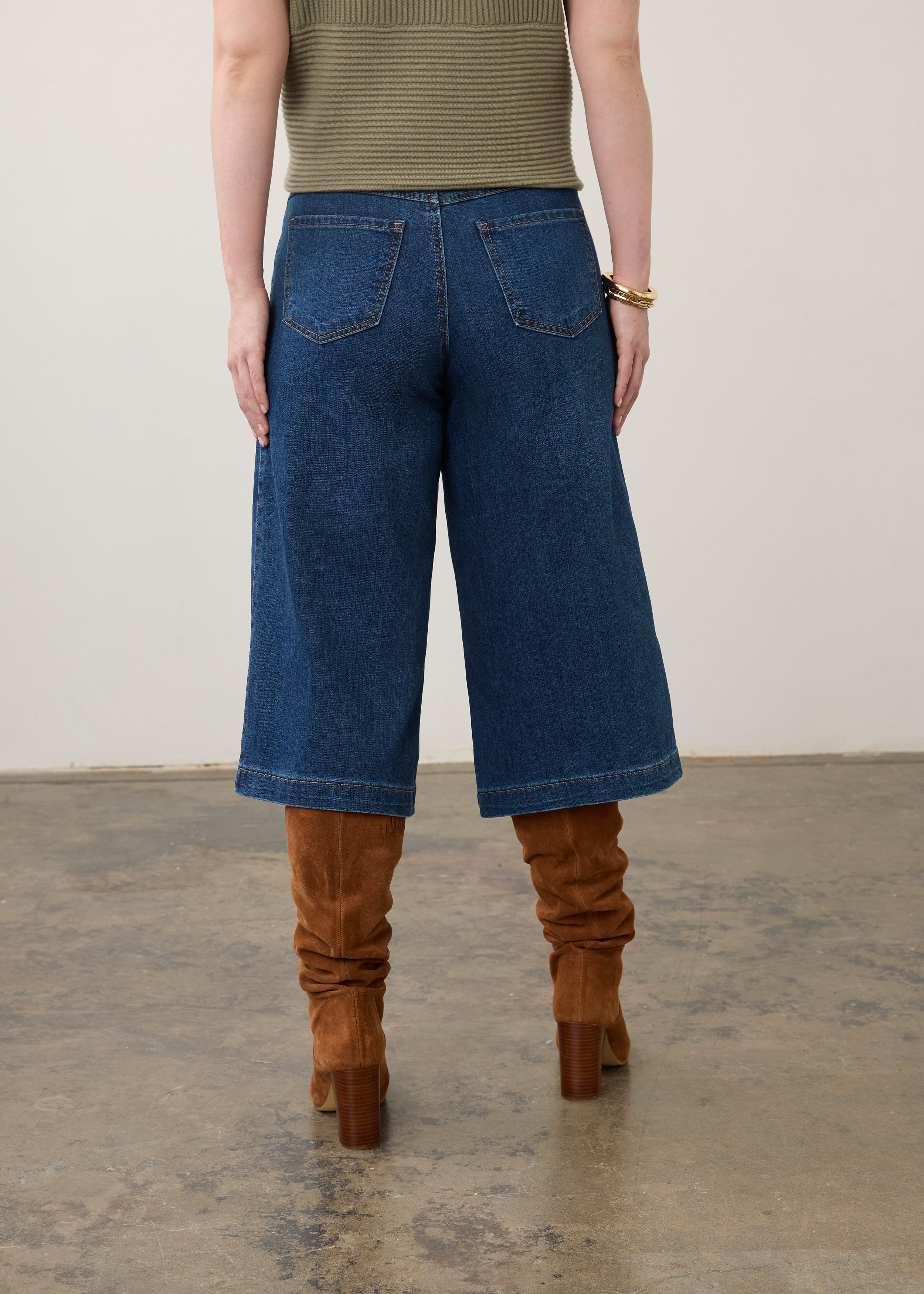 Back view of dark wash gaucho denim featuring back patch pockets and wide leg style by French Dressing Jeans (FDJ) par French Dressing Jeans (FDJ)