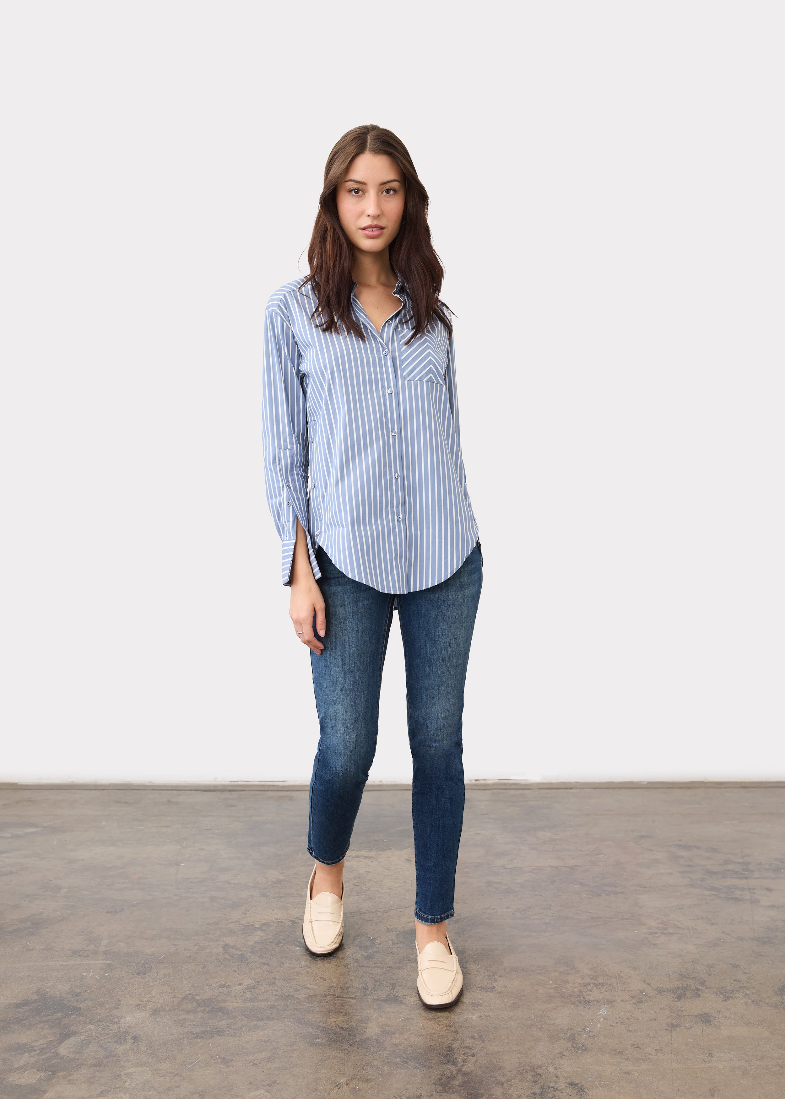 Full front view of Olivia slim ankle denim in dark wash with mid-rise waist and clean hem by French Dressing Jeans (FDJ)