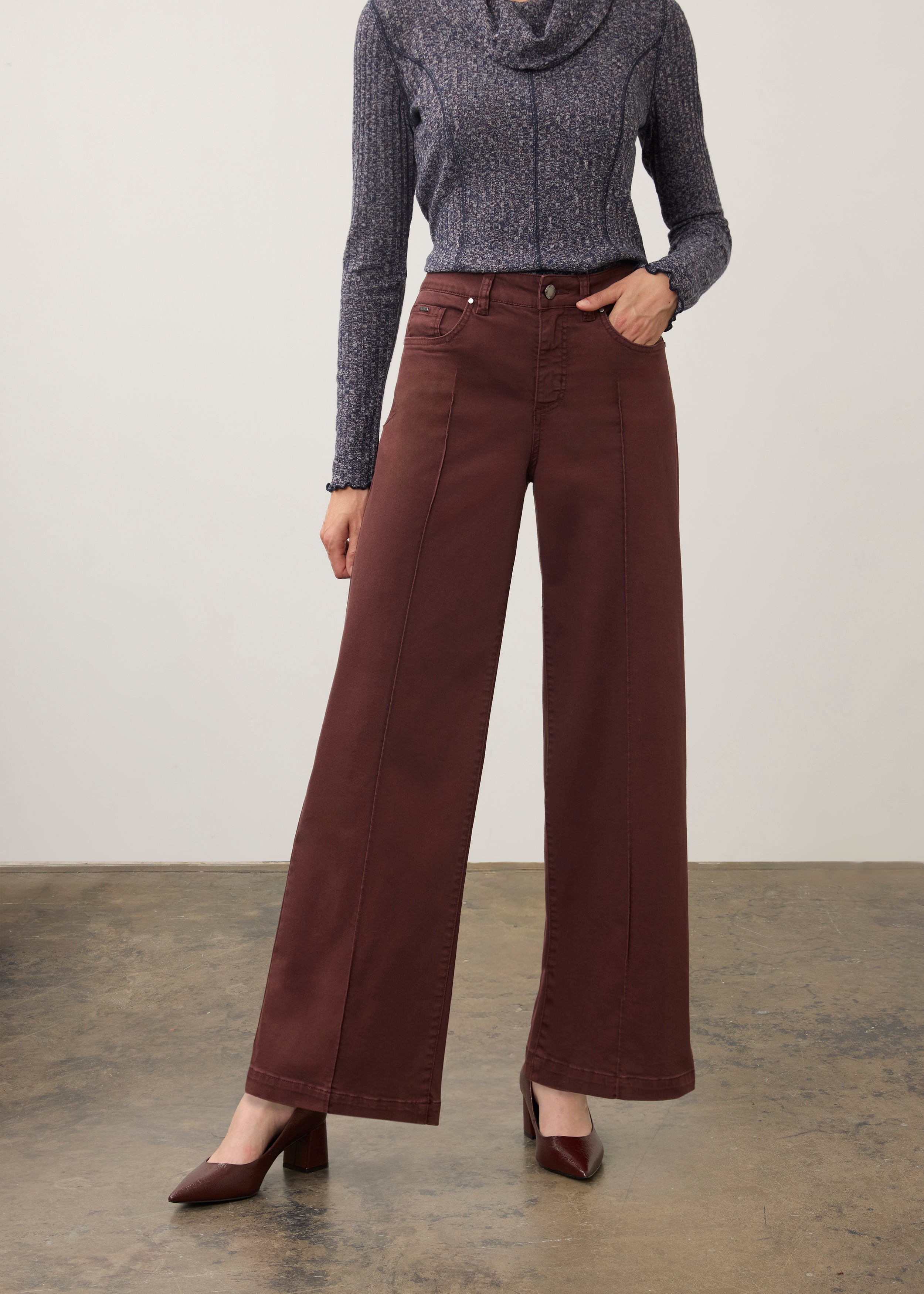 Front view of burgundy wide-leg denim with mid-rise fit by French Dressing Jeans (FDJ) par French Dressing Jeans (FDJ)