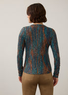 Back view of striped V-neck top, highlighting seamless design and earthy tones by French Dressing Jeans (FDJ)