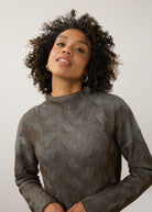 Close-up of brown textured top with high collar detail by French Dressing Jeans (FDJ)