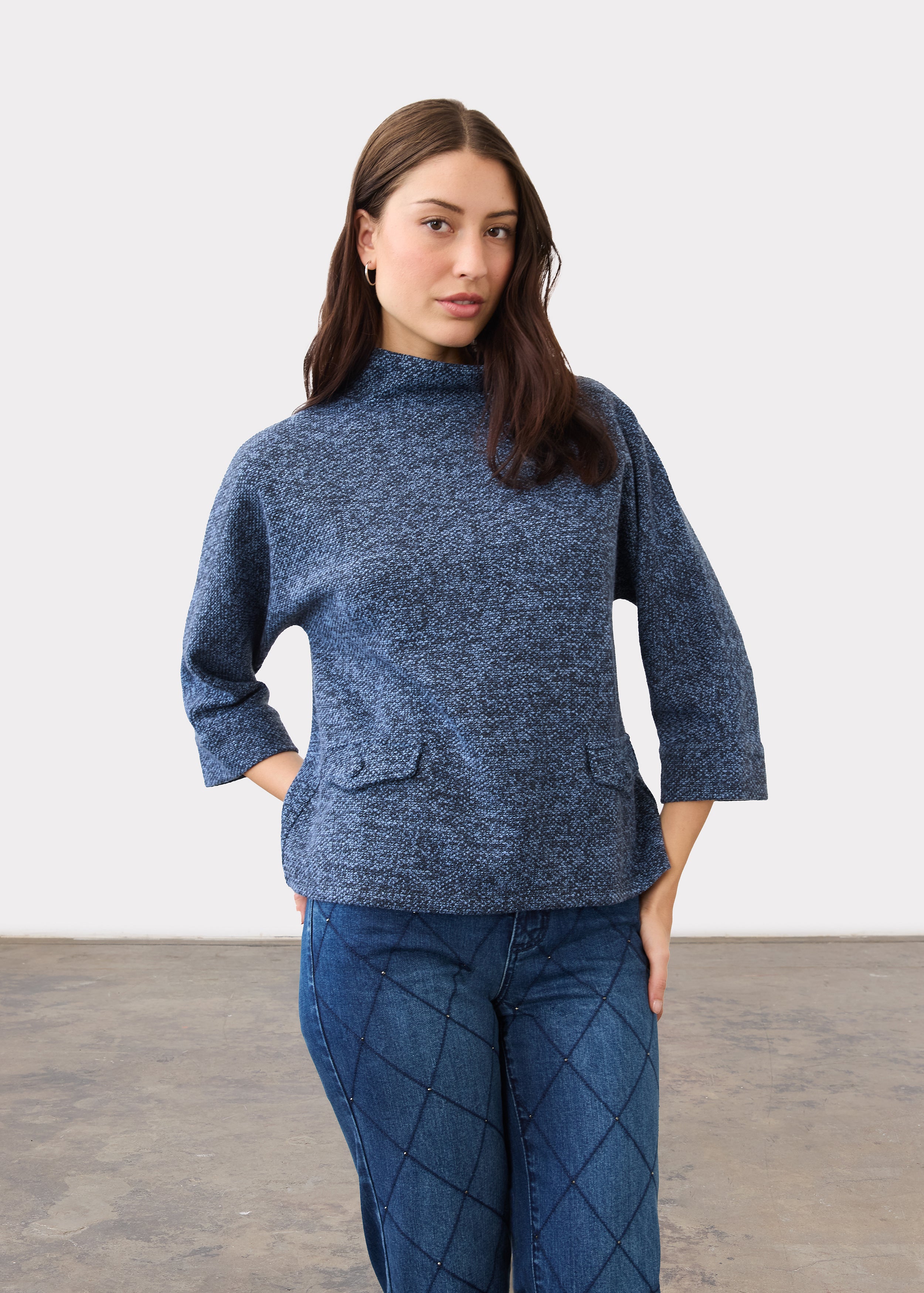 Front view of textured indigo top with pocket details and relaxed fit by French Dressing Jeans (FDJ)