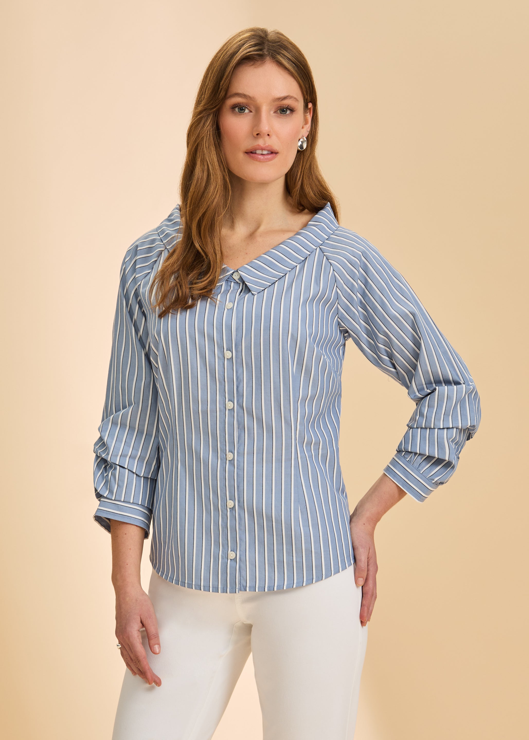 Front view of blue striped shirt with unique collar and button detail by French Dressing Jeans (FDJ)