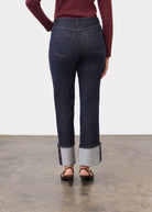 Full view of model in Suzanne pant in blueberry, showcasing straight silhouette by French Dressing Jeans (FDJ)