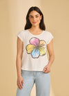 Front view of short sleeve top in Rainbow Hibiscus, featuring a scoop neck and large floral print by French Dressing Jeans (FDJ)