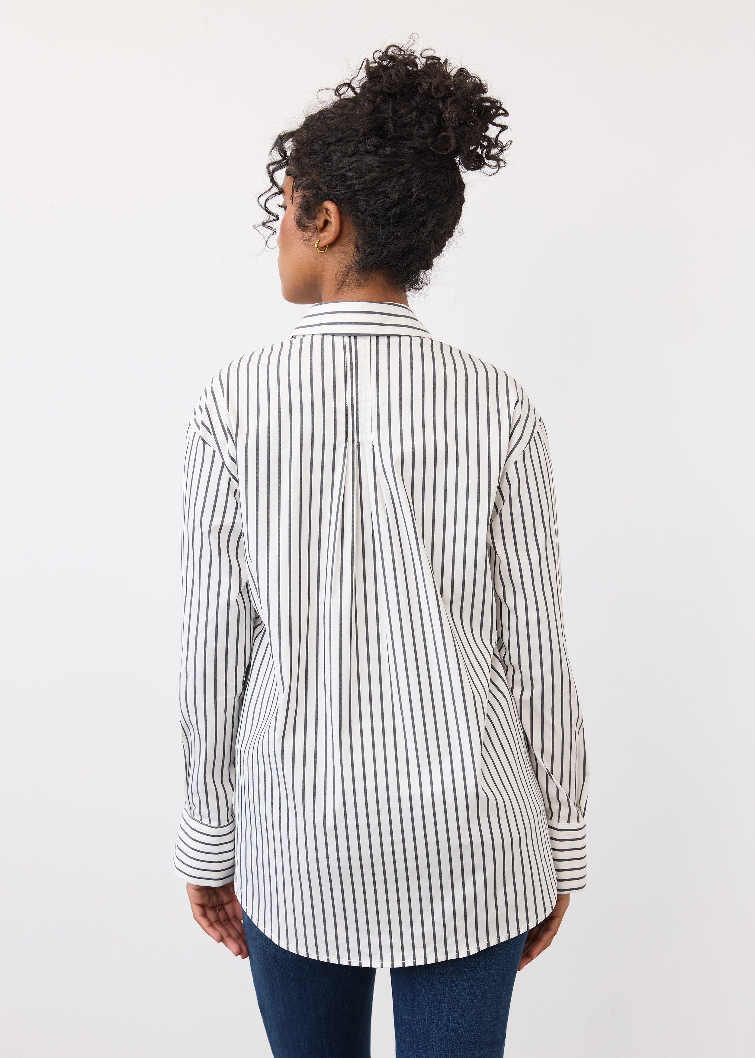 Back view of black striped shirt showing vertical stripe design by French Dressing Jeans (FDJ)