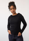 Front view of black off-the-shoulder sweater with long sleeves by French Dressing Jeans (FDJ)