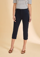 Close-up front view of navy cropped jeans, highlighting sleek fit by French Dressing Jeans (FDJ)
