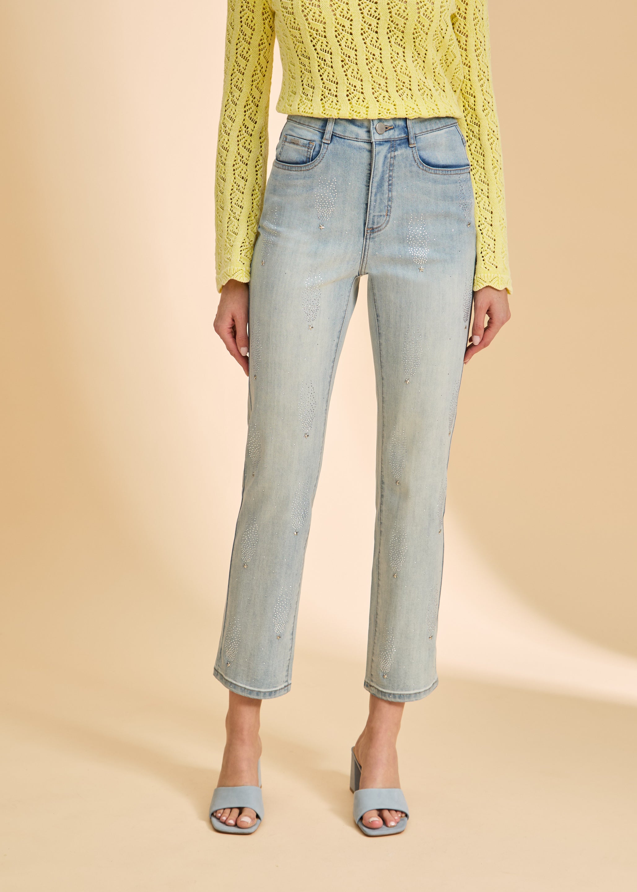 Detail of embellished light wash denim showing front pockets by French Dressing Jeans (FDJ)