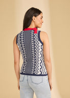 Back view of navy sleeveless top with detailed pattern and red collar by French Dressing Jeans (FDJ)
