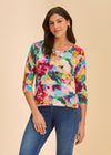 Front view of vibrant multicolor floral sweater with 3/4 sleeves by French Dressing Jeans (FDJ)