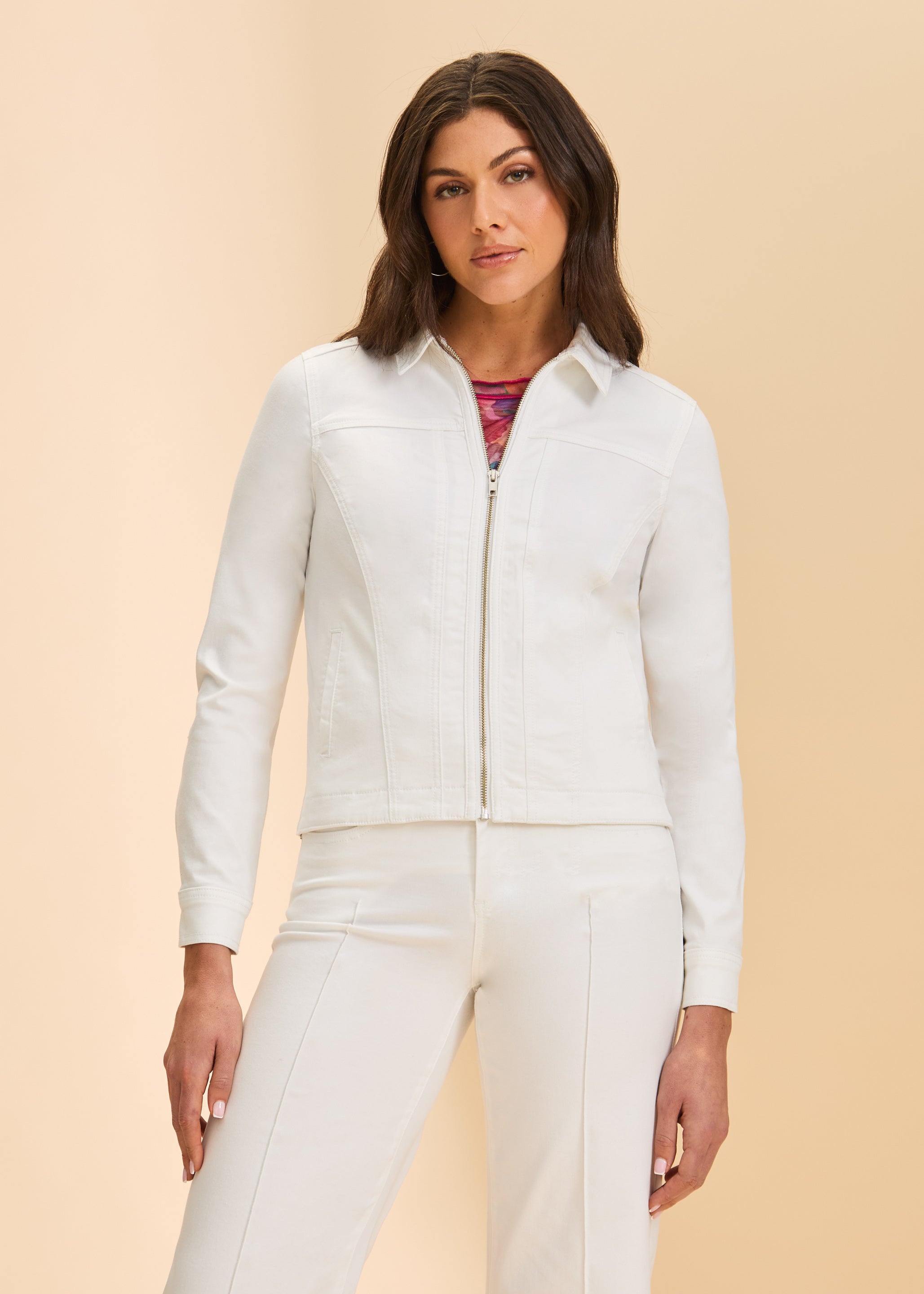White jacket front view with zip and welt pockets by French Dressing Jeans (FDJ)