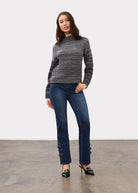 Full body view in dark blue denim with straight ankle cut and button accents by French Dressing Jeans (FDJ)