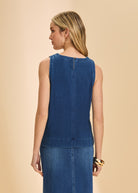 Back view of blue denim top showing button closure and clean lines by French Dressing Jeans (FDJ)