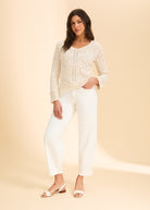 Full front view of ivory Suzanne jeans paired with crochet top by French Dressing Jeans (FDJ)