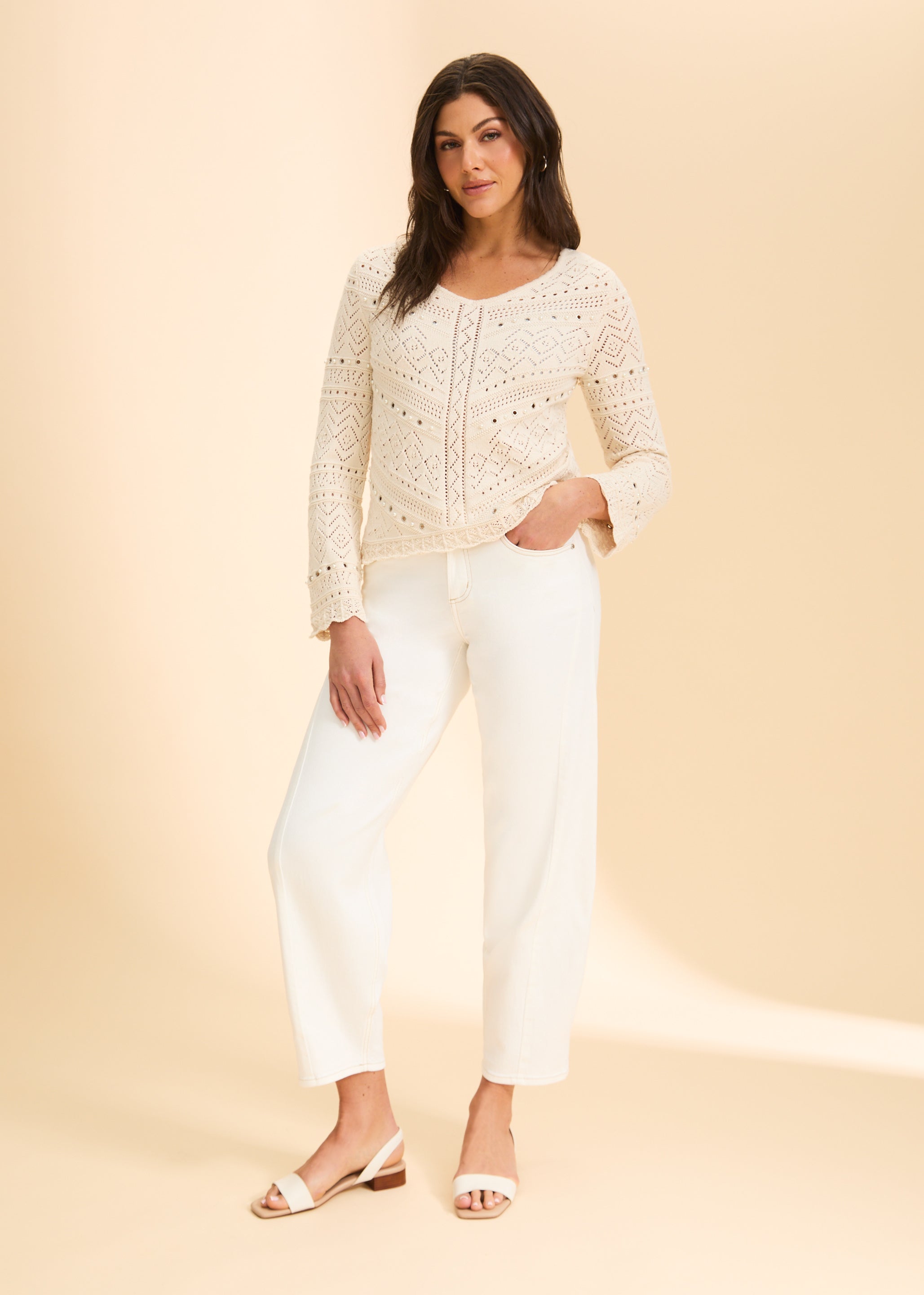 Full front view of ivory Suzanne jeans paired with crochet top by French Dressing Jeans (FDJ)