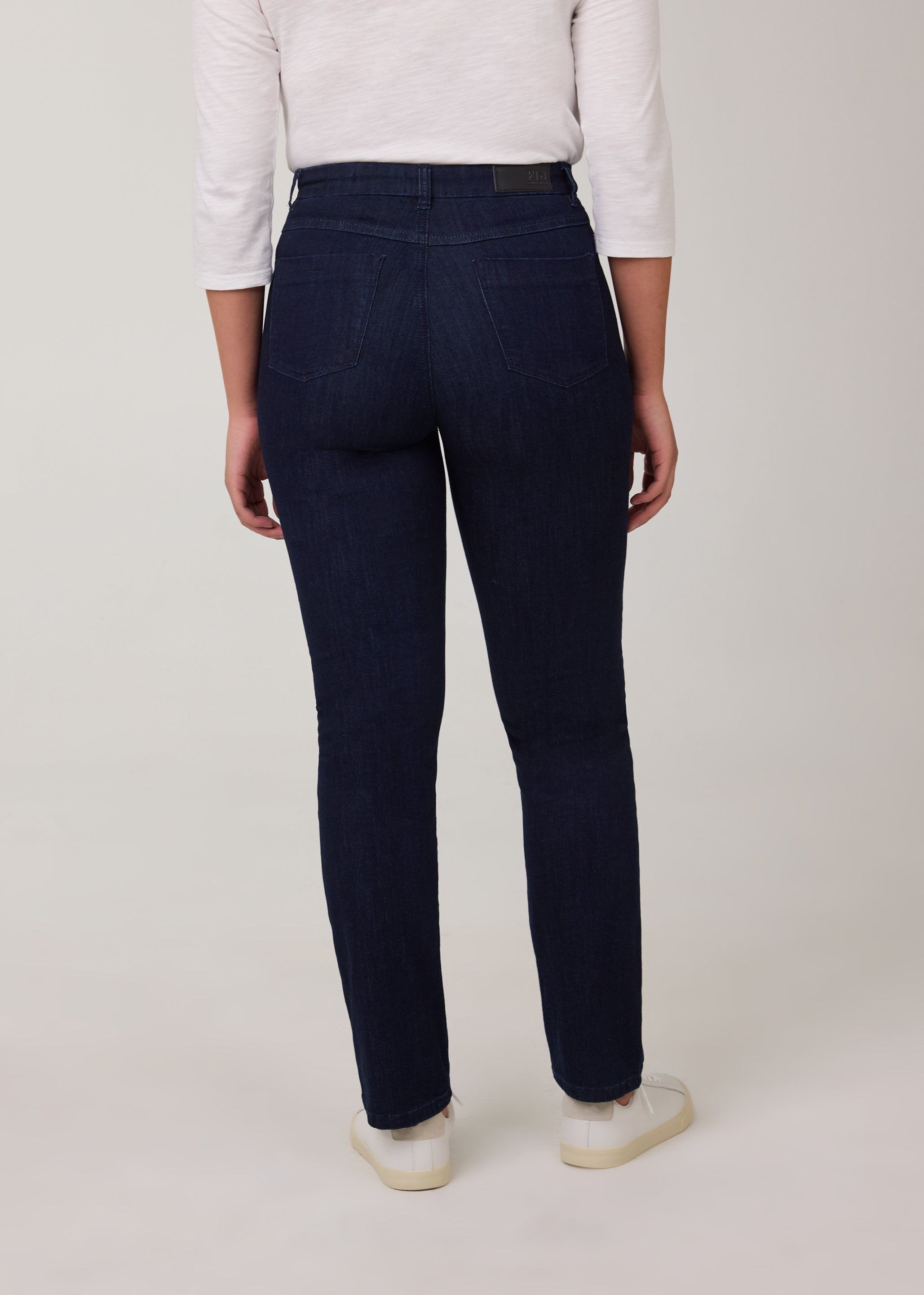 Back view of dark Delight straight leg jeans with patch pockets by French Dressing Jeans (FDJ)