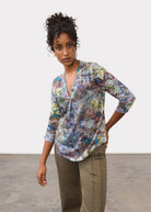 Front view of 3/4 sleeve V-neck top in Renaissance Bouquet pattern featuring a relaxed fit by French Dressing Jeans (FDJ)