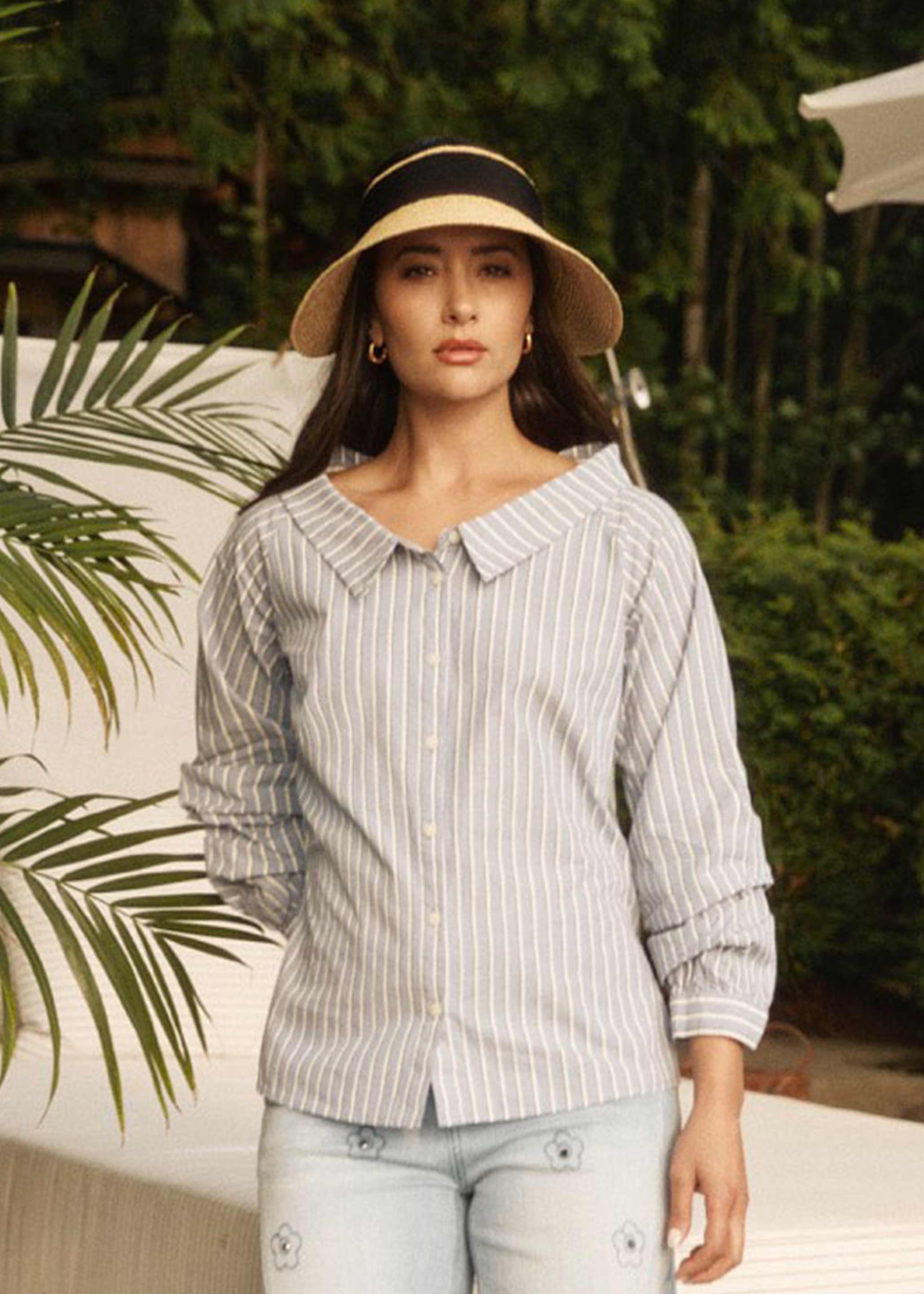 Outdoor scene featuring striped long sleeve shirt with wide collar by French Dressing Jeans (FDJ)