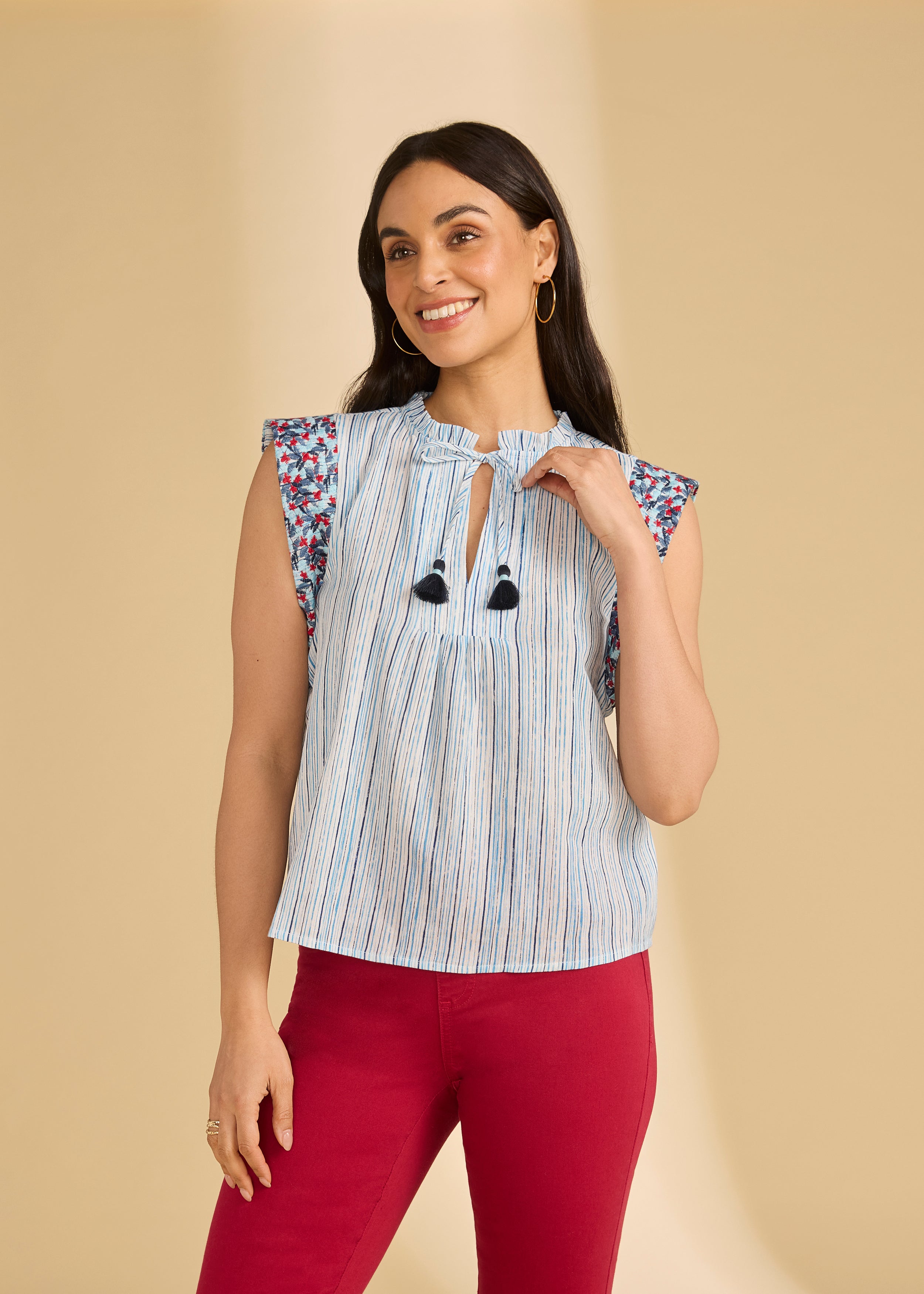 Front view of flutter sleeve top in Spritz Stripes showing V-neck and tassel details by French Dressing Jeans (FDJ)