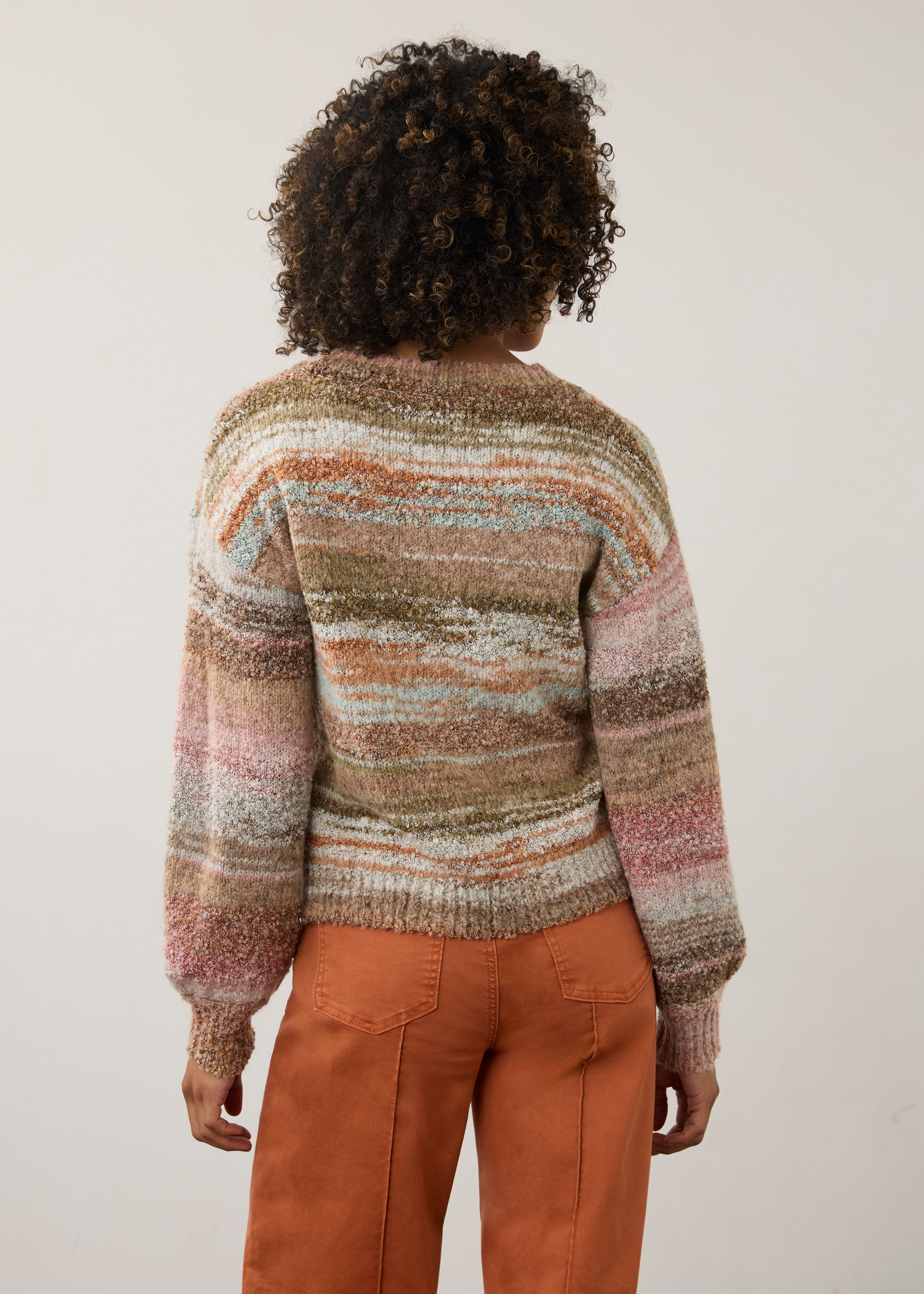 Back view of natural spacedye sweater showing textured boucle knit design by French Dressing Jeans (FDJ)