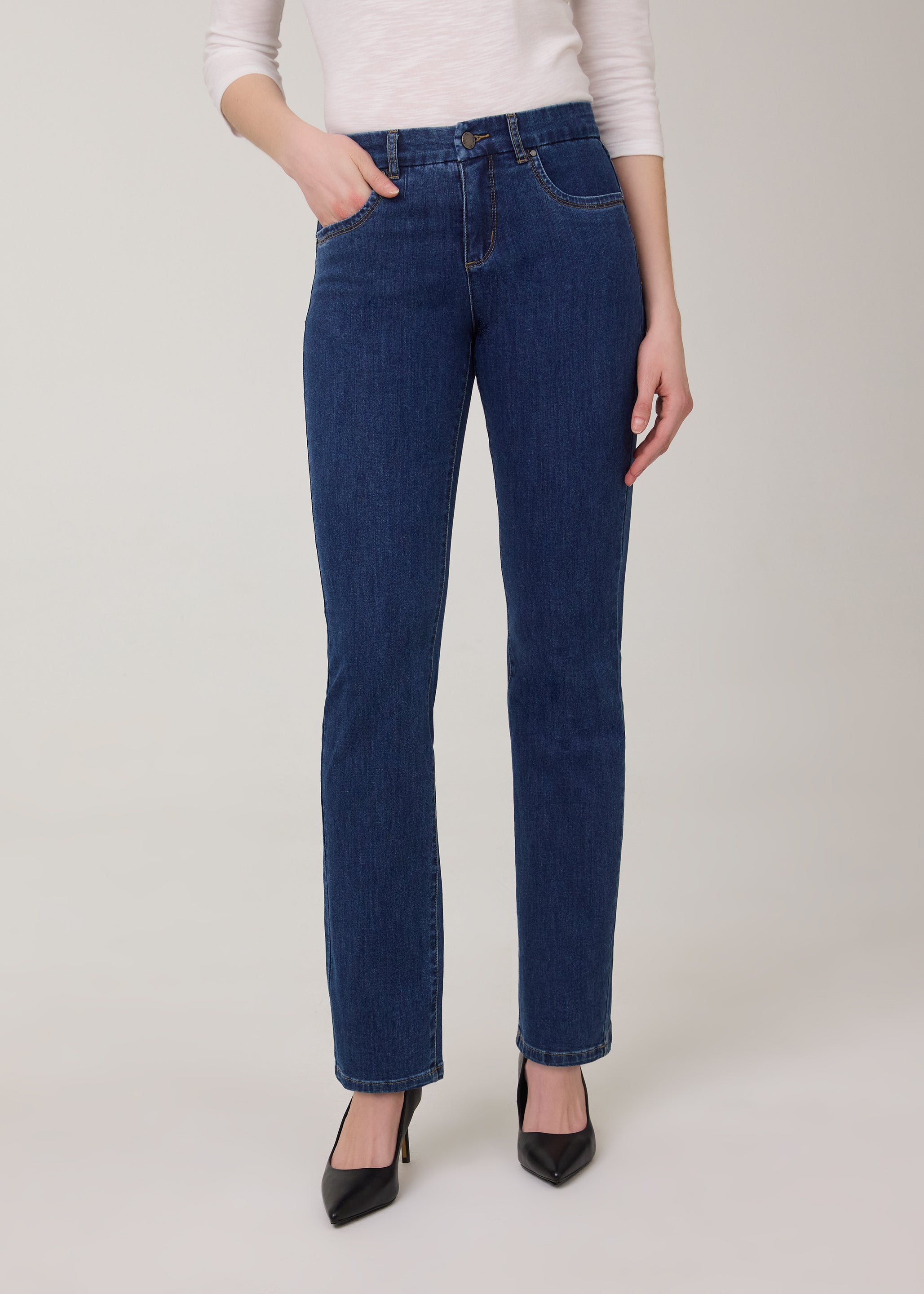 Front view of classic straight leg jeans in Delight color with high-rise by French Dressing Jeans (FDJ)