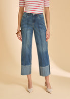 Close-up of dark wash wide-leg jeans with cuffed hems and seam details by French Dressing Jeans (FDJ)