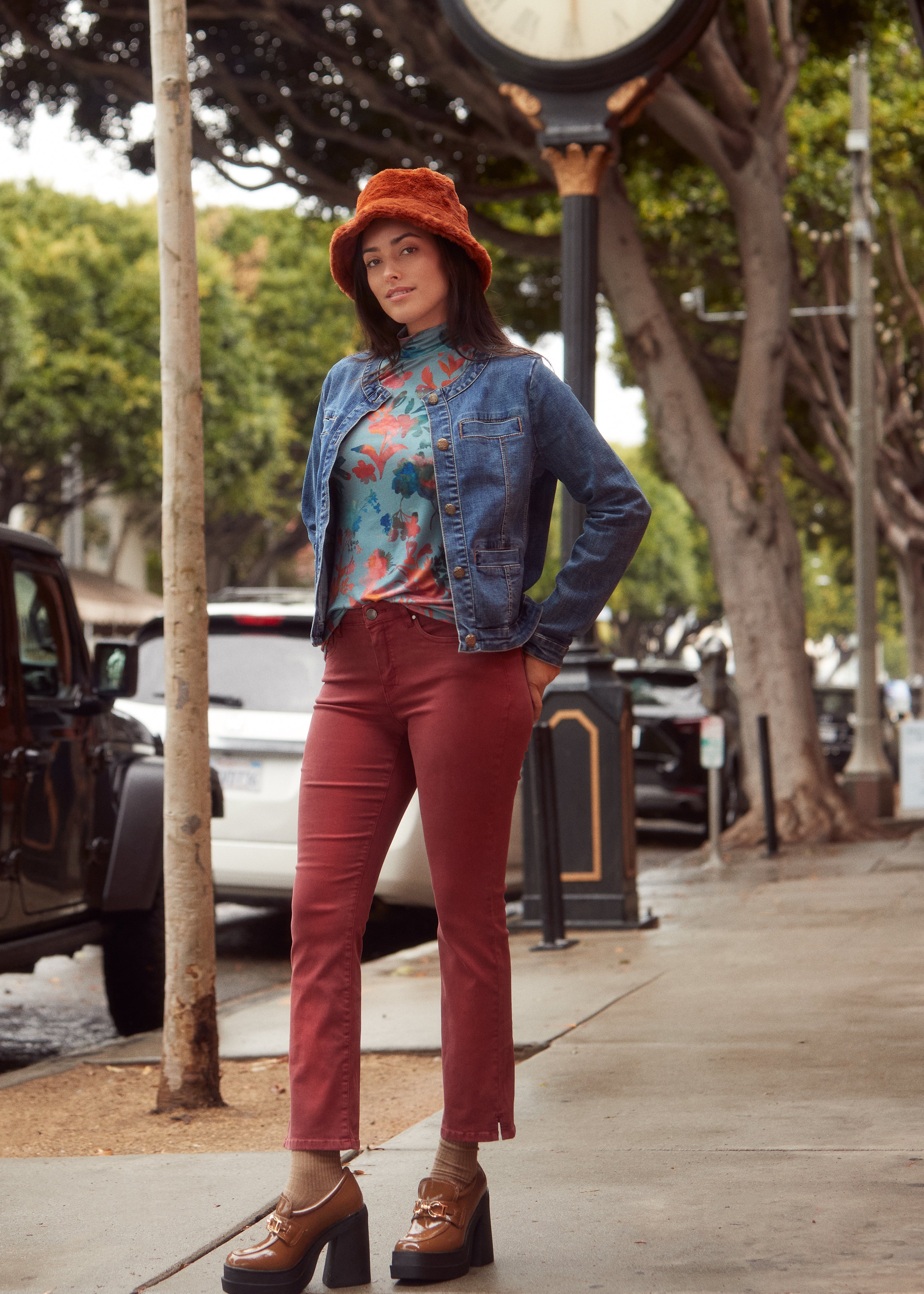 Street Style Red Cap Blue Jeans Olivia Boot Ankle Denim, Rust Red