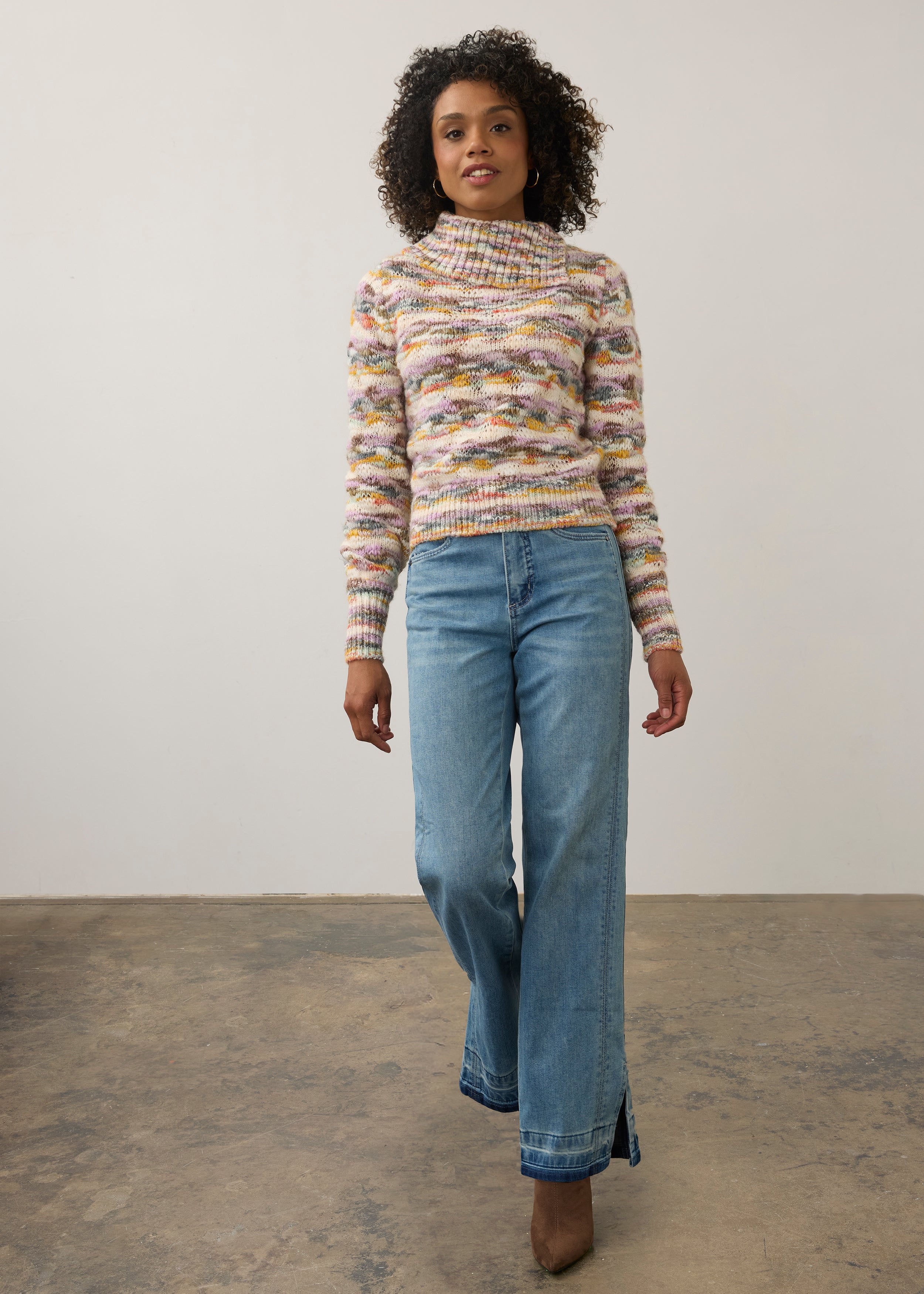 Full view of pastel cowl neck sweater with blue jeans outfit by French Dressing Jeans (FDJ)