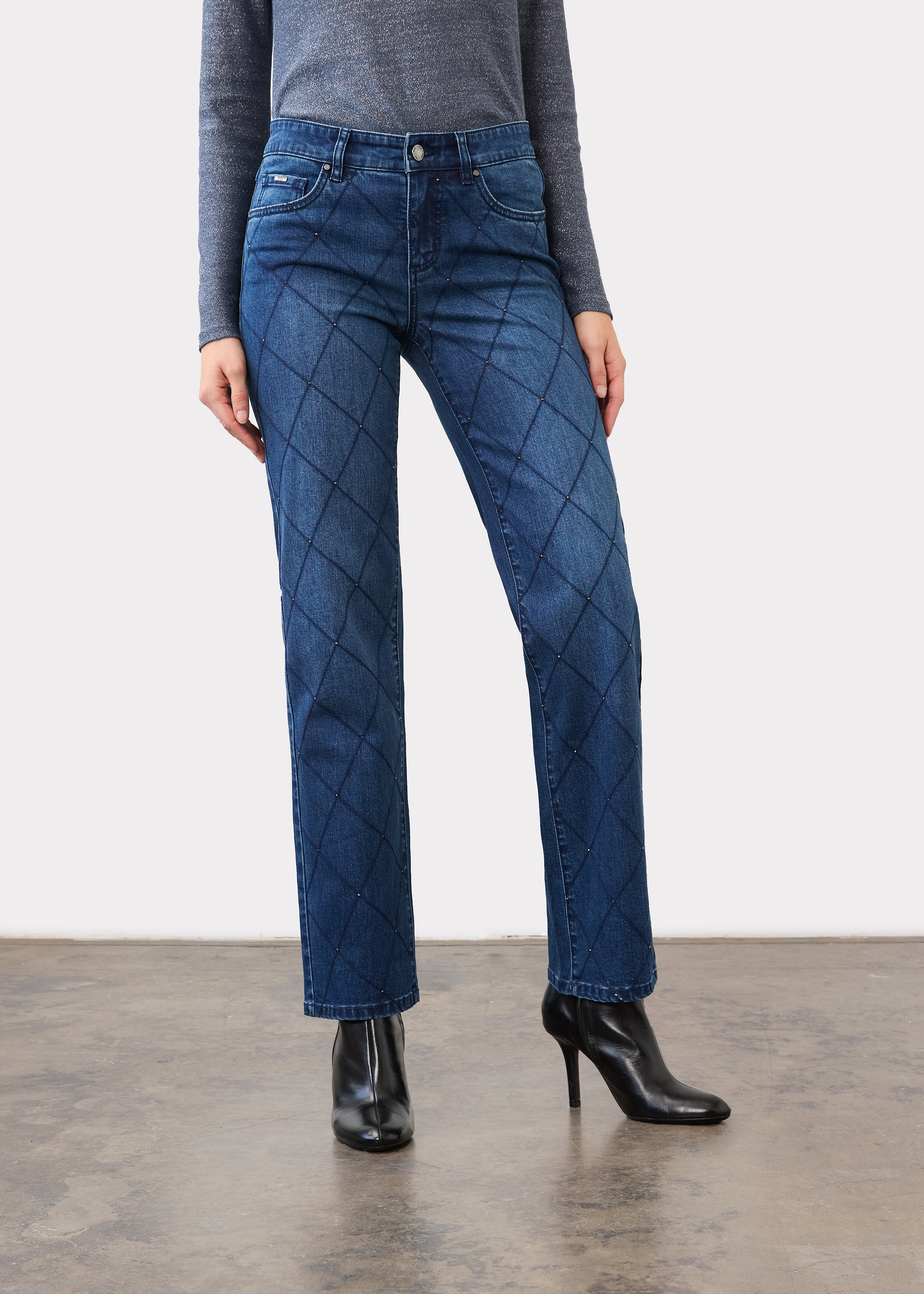 Front view of indigo jeans with grid pattern and straight leg cut by French Dressing Jeans (FDJ)