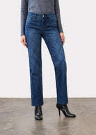 Front view of indigo jeans with grid pattern and straight leg cut by French Dressing Jeans (FDJ)
