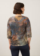 Back view of earthy-toned Henley top with abstract pattern and 3/4 sleeves by French Dressing Jeans (FDJ)