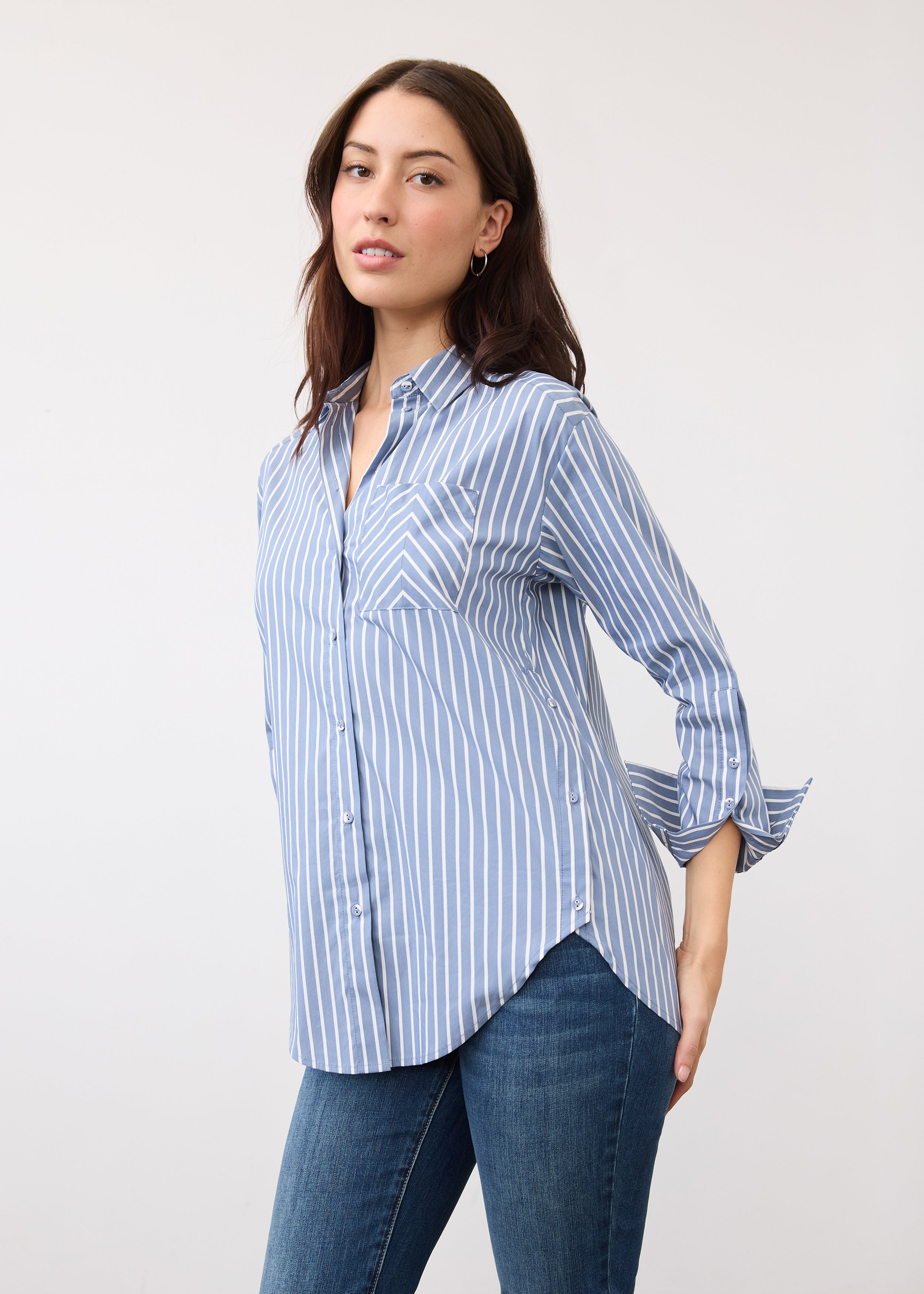Front view of blue striped shirt with rolled sleeves and patch pocket by French Dressing Jeans (FDJ)