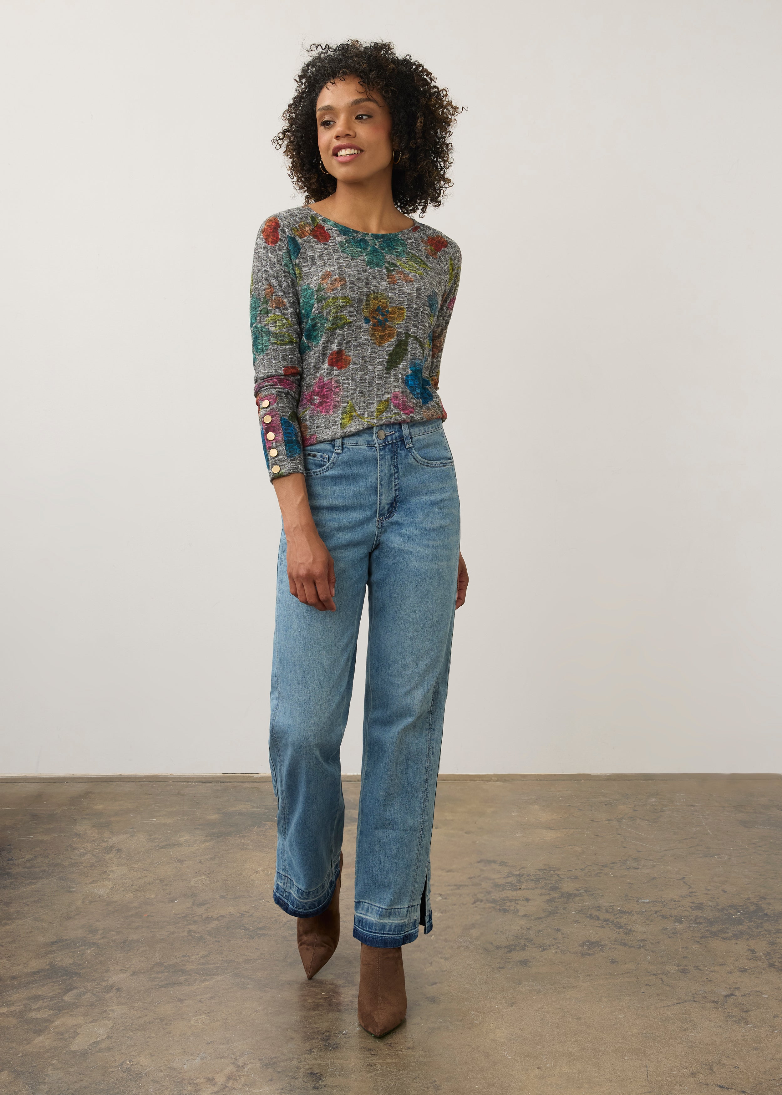 Full body view of floral top with light denim jeans, casual and colorful look by French Dressing Jeans (FDJ)