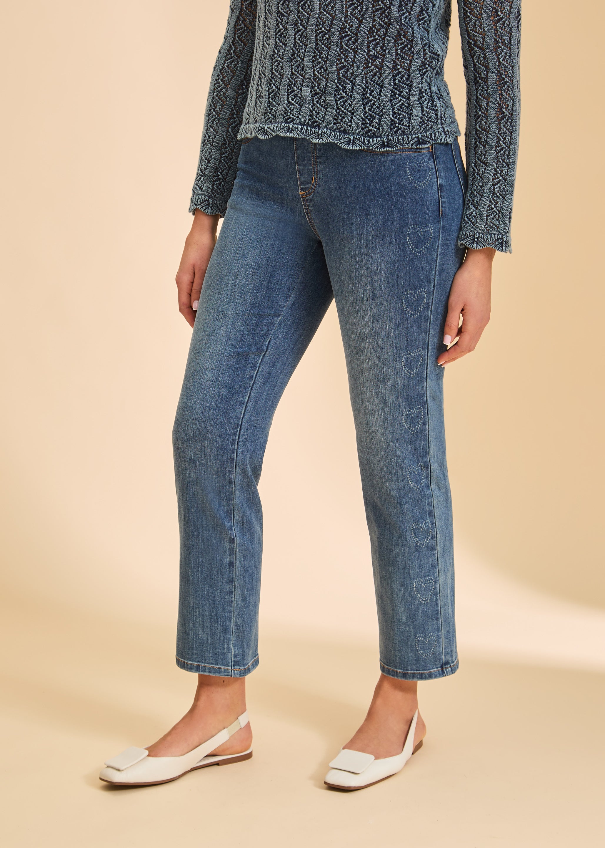 Front view of indigo pull-on straight ankle denim with heart patterns by French Dressing Jeans (FDJ)
