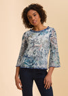 Front view of blue and white paisley top with bell sleeves by French Dressing Jeans (FDJ)