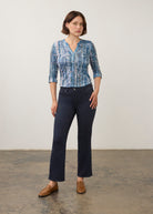 Full view of blueberry straight ankle denim paired with patterned blouse by French Dressing Jeans (FDJ) par French Dressing Jeans (FDJ)