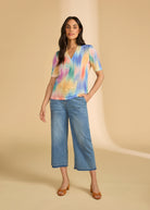 Full view of Tropical Ikat top paired with jeans, highlighting casual style by French Dressing Jeans (FDJ)