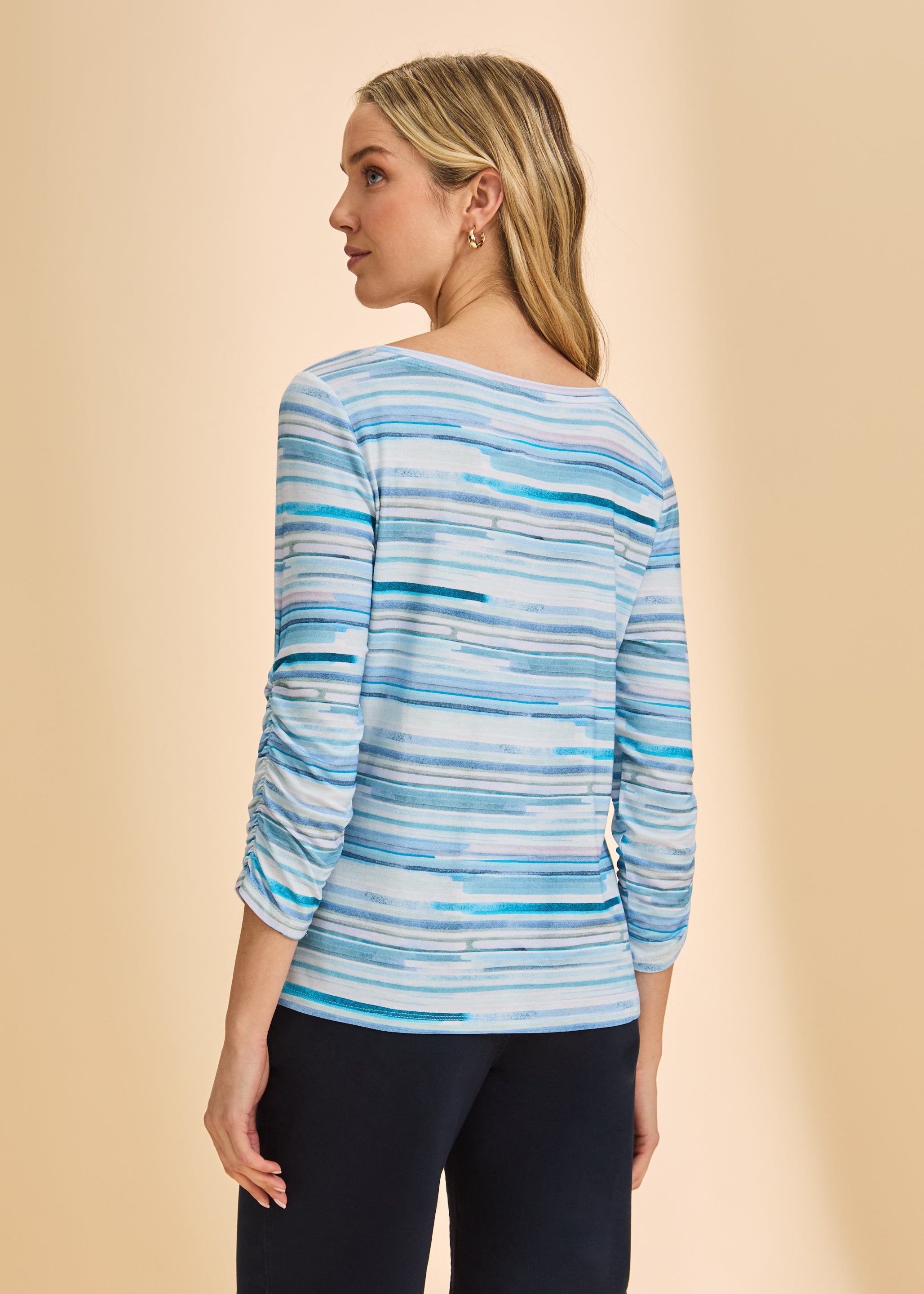 Back view of blue striped top highlighting pattern continuity and fit by French Dressing Jeans (FDJ)