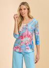 Front view of blue floral 3/4 sleeve scoop neck top paired with light blue pants by French Dressing Jeans (FDJ)