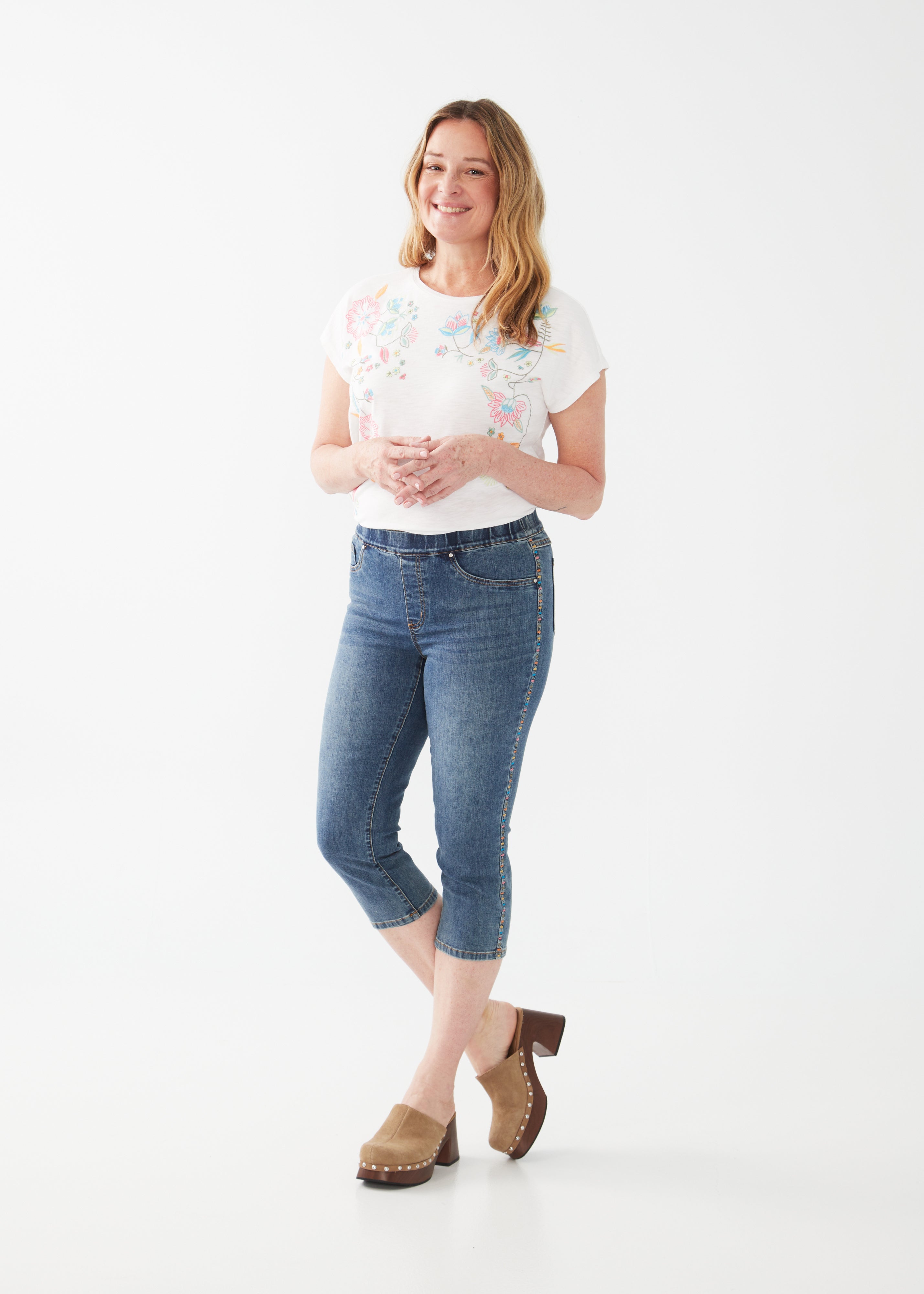 Pull On Embroidered Denim Capri