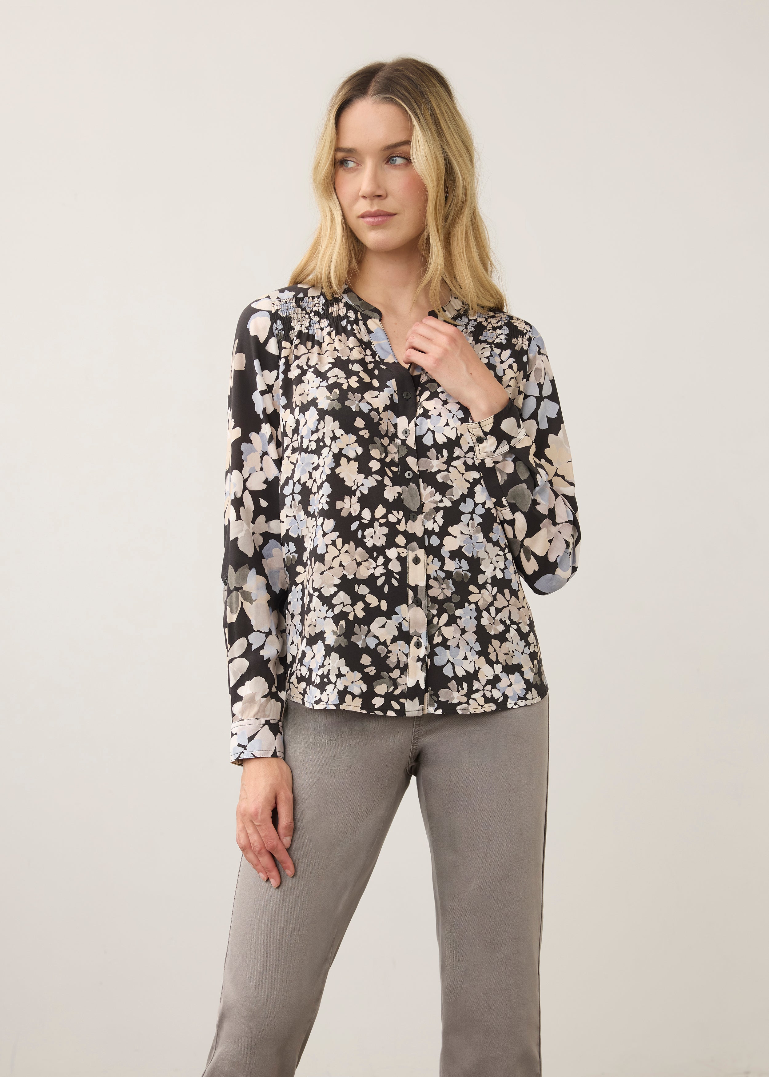 Front view of floral printed long sleeve shirt with V-neck by French Dressing Jeans (FDJ)